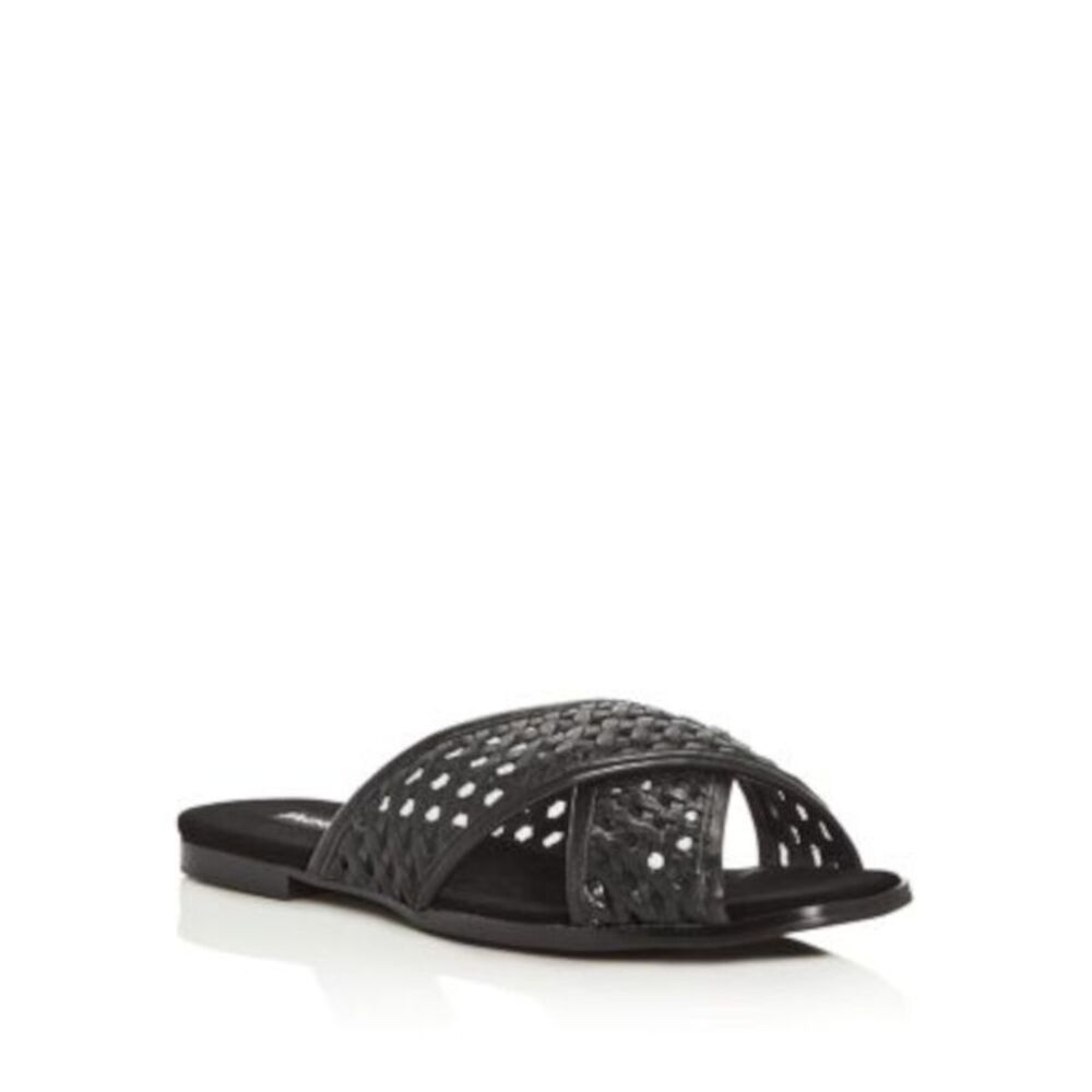 JAGGAR Womens Black Woven Comfort Square Toe Slip On Leather Slide Sandals 37